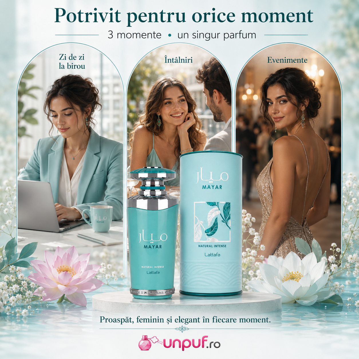 Prezentare parfum Lattafa Mayar Natural Intense flacon turcoaz capac elegant finisaje argintii și ambalaj premium